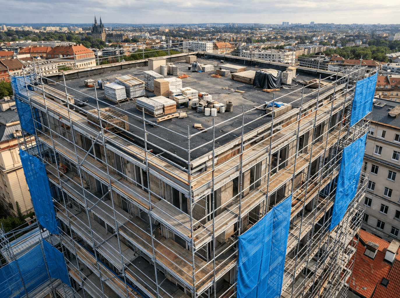 budova s výstavbou lešení